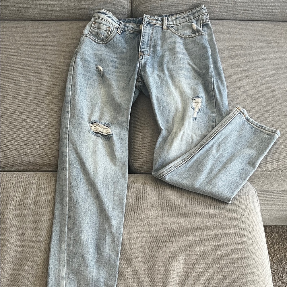 Women's Light Blue Distressed Straight Leg Jeans